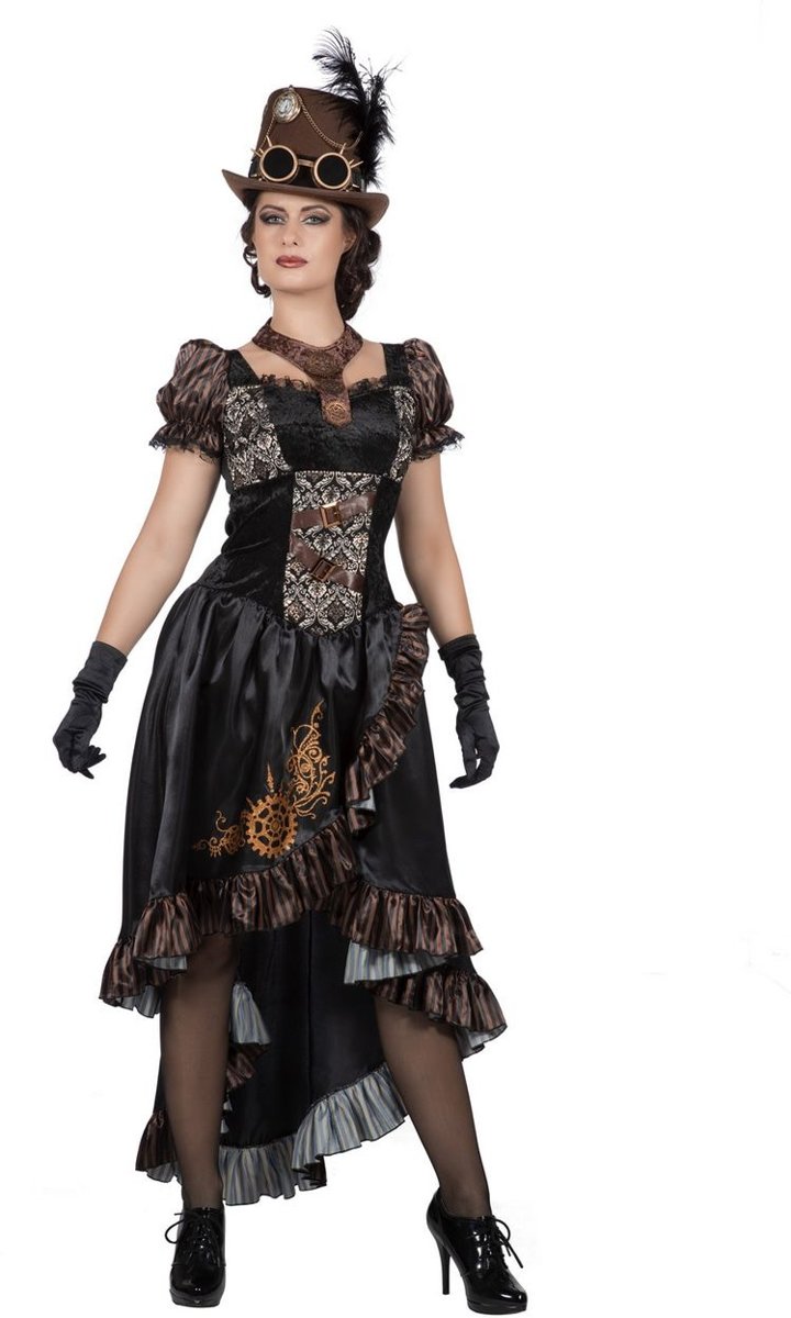 Steampunk Kostuum | Zwart Glanzend Steampunk Met Tandwielen | Vrouw | Maat 44-46 | Carnaval kostuum | Verkleedkleding